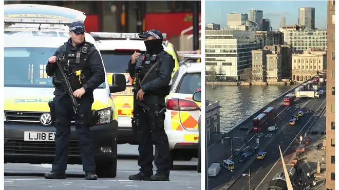 Police officers on London Bridge and the view of the incident from an office building