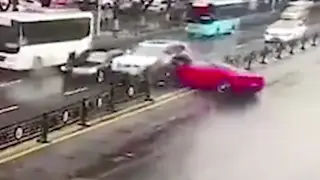 A rented Ferrari is destroyed moments after leaving dealership.