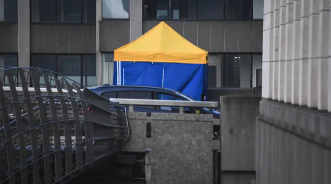 A police tent at the scene today where the attacker was shot dead.