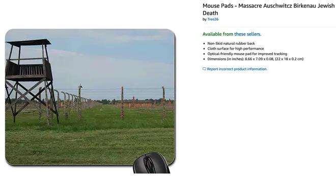 The mouse pad displaying another Auschwitz related image was still on sale