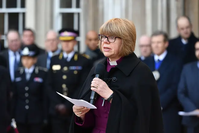 Bishop of London Sarah Mullally speaking at a vigil in Guildhall Yard, London