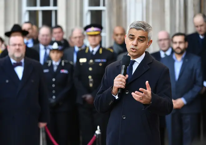 Mayor of London Sadiq Khan speaking at a vigil in Guildhall Yard, London, to honour the victims off the London Bridge terror attack.