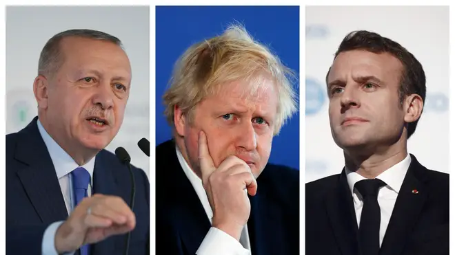 Turkish President Recep Tayyip Erdogan (left), Boris Johnson and French President Emmanuel Macron