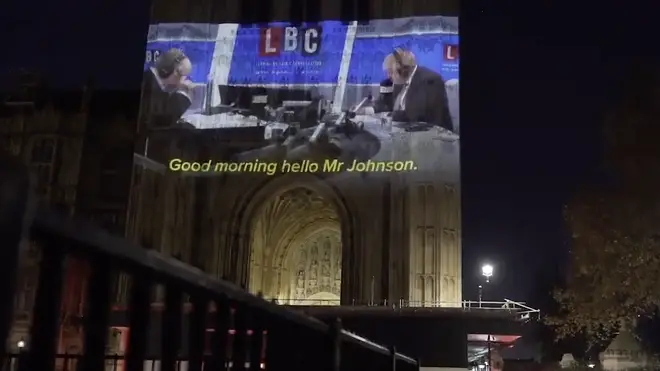 Campaigners project Boris Johnson's LBC interview on to Houses of Parliament