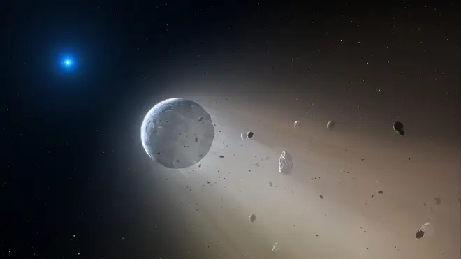 An artist's impression of a white star being disintegrated by a white dwarf