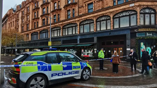 Police at the scene of the stabbing in Knightsbridge outside Harrods