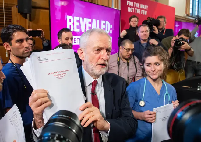 Jeremy Corbyn holds what he claims is a document proving the Tories want to sell off the NHS