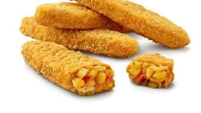 Veggie Dippers, are made from red pepper, rice, sundried tomato pesto and split peas surrounded by breadcrumbs.