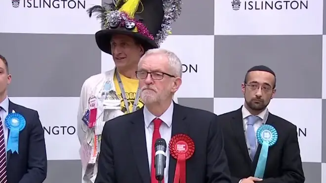 Jeremy Corbyn making his speech after winning the seat of Islington North