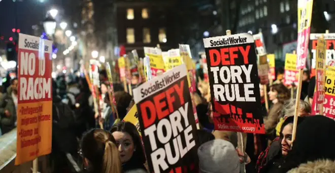 Hundreds of protesters have descended on Downing Street after the general election. 