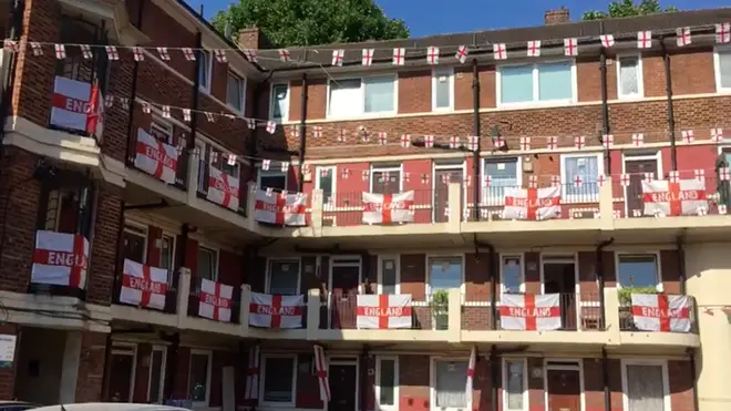 The England flags on the Kirby Estate in Bermondsey