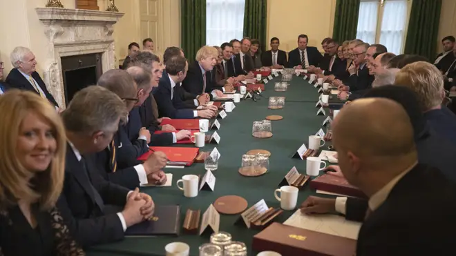 Boris Johnson speaks during his first cabinet meeting as Prime Minister