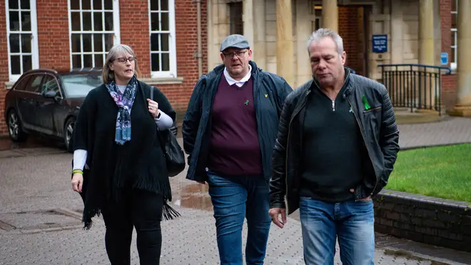 Harry Dunn's stepmother Tracey Dunn, father Tim Dunn and stepfather Bruce Charles, leave Northamptonshire Police HQ, following a meeting with Chief Constable