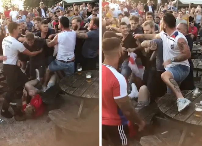The huge brawl kicked off outside a pub in Chatham, Kent on Tuesday