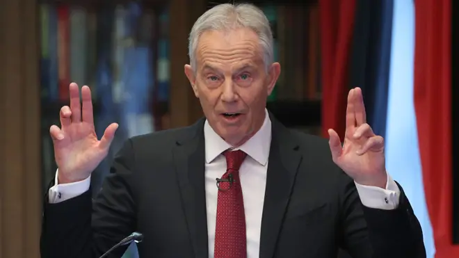 Former prime minister Tony Blair gives a speech on the future of the Labour Party and progressive politics at the Hallam Conference Centre in central London.