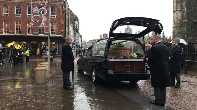 Mr Merritt's funeral cortege arrives at church