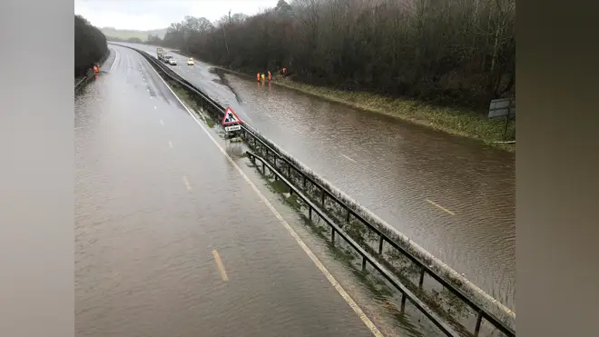 The flooded M23 motorway yesterday