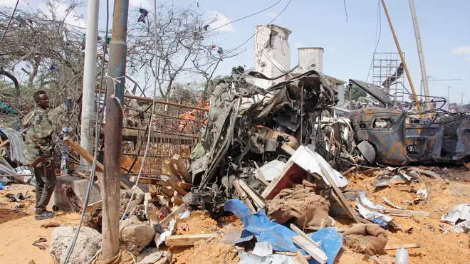 Wreckage left by the truck bomb in Mogadishu