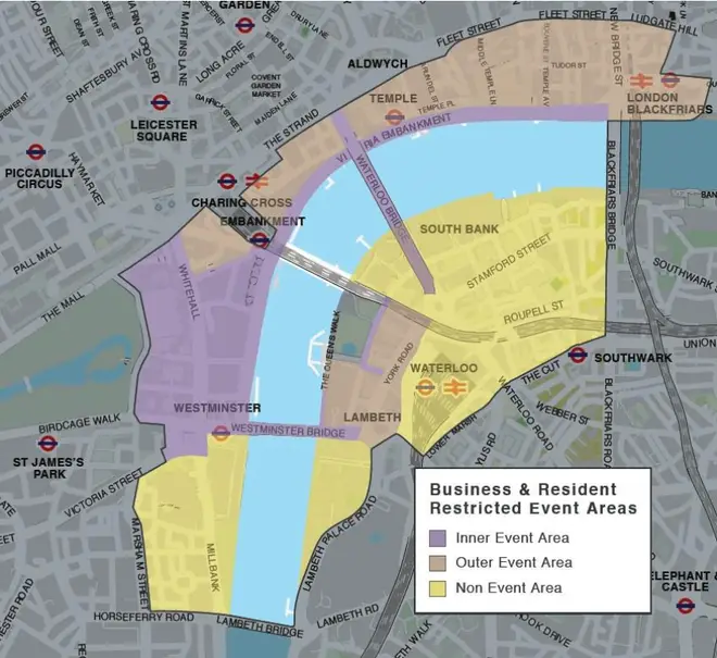 London pedestrian restriction and restricted event areas map