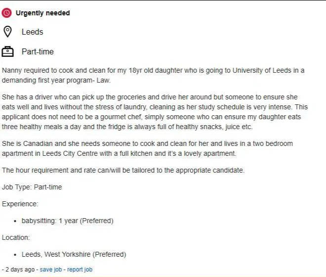 The advert requires the applicant to have one year babysitting experience