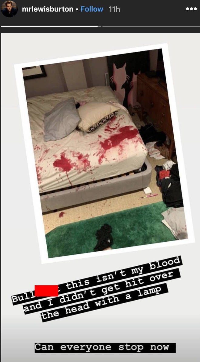 Lewis Burton claimed the red liquid pictured in what is claimed to be Caroline Flack's bed is not his
