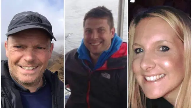 Rhys Hancock (centre) has been charged with the murders of Helen Almey and Martin Griffiths