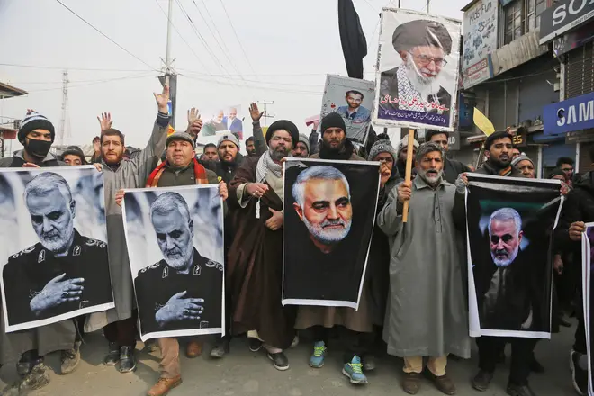 Kashmiri Shiite Muslims protesting against the US airstrike which killed Qassem Soleimani