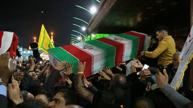 Mourners carry the coffin of Iran's top general Qassem Soleimani during his funeral in Karbala, Iraq,