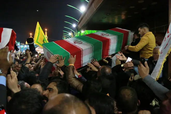 Iraq earlier voted in favour of expelling foreign forces from its borders. The funeral of Soleimani is shown