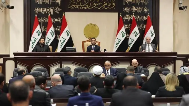 Iraqi parliament speaker Mohamed al-Halbosi (C-up) and Iraqi Prime Minister Adel Abdul-Mahdi (C-down) attend a session of the Council of Representatives of Iraq