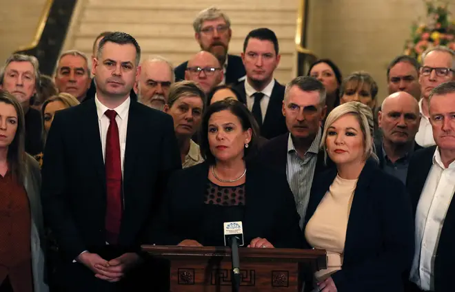Sinn Fein leader Mary Lou McDonald (centre), deputy leader Michelle O'Neill (centre right) and party colleagues speak to the media in the Great Hall of Parliament Buildings