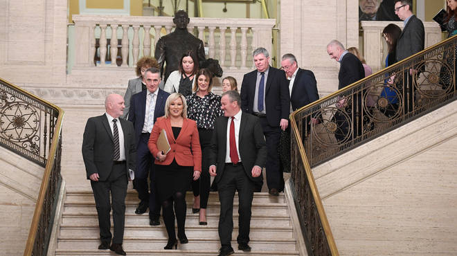 Michelle O'Neill of Sinn Fein leads her party into the chamber at Stormont