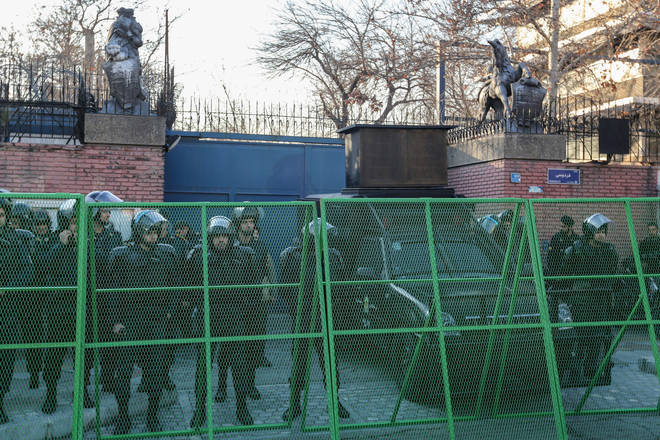 Barricades and guards were seen outside the embassy