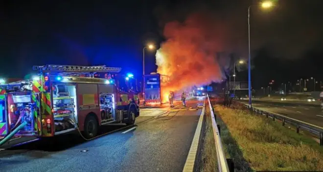The lorry caught fire