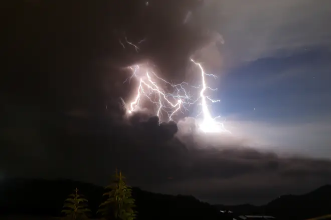 Lightning flashes as the Taal volcano erupts in Tagaytay, the Philippines