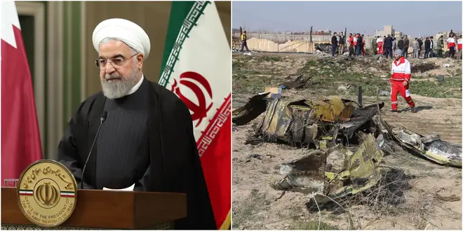 Hassan Rouhani President of Iran (left) and site of the Ukrainian air crash