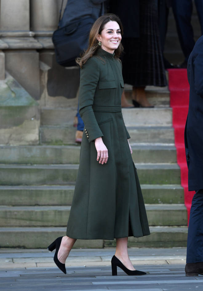 Kate opted for a long, military style khaki coat by British designer Alexander McQueen.