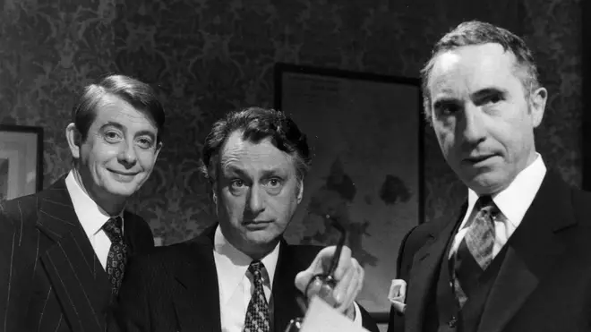 (left to right) Derek Fowlds, Sir Nigel Hawthorne and Paul Eddington in Yes, Minister