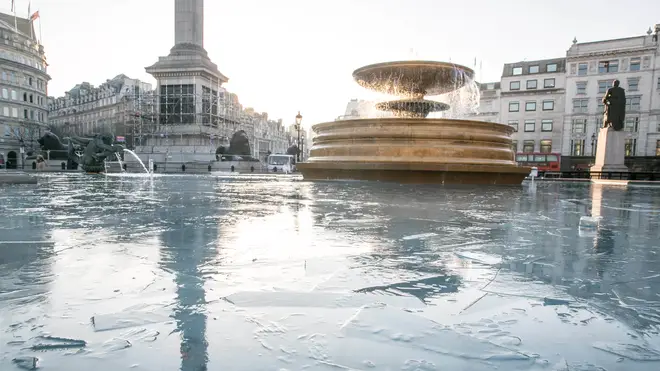 Fountains frozen in Trafalgar Square