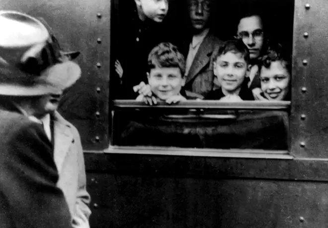 Children in Germany saying goodbye to their families on the Kindertransport train