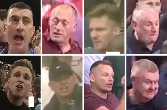 Police want to trace these eight men after violence at the game