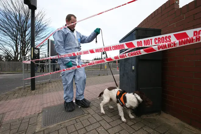Police with a sniffer dog near the scene in Seven Kings