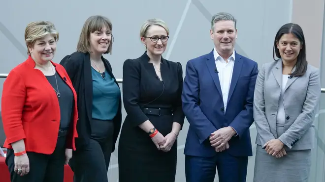 With Ms Phillips (second left) dropping out, it leaves Emily Thornberry (L), Rebecca Long-Bailey (M), Sir Kier Starmer (second right) and Lisa Nandy (R) vying for the top job