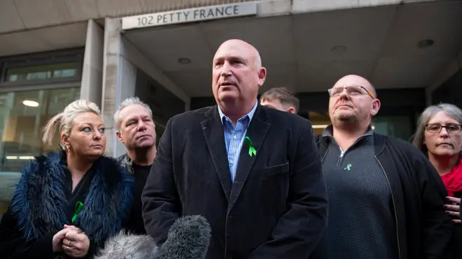 (left to right) mother Charlotte Charles, stepfather Bruce Charles, family spokesman Radd Seiger, father Tim Dunn and stepmother Tracey Dunn outside the Ministry Of Justice