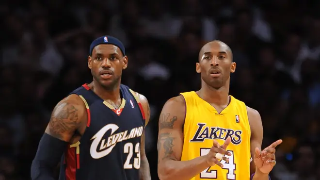 Kobe Bryant (R) and LeBron James (L) during Lakers v Cavaliers game in 2009
