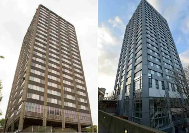 Before (left) and after (right) Grenfell Tower was refurbished with flammable cladding