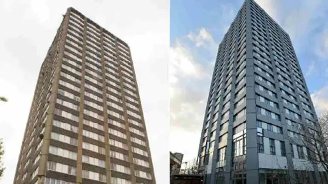 Before (left) and after (right) Grenfell Tower was refurbished with flammable cladding