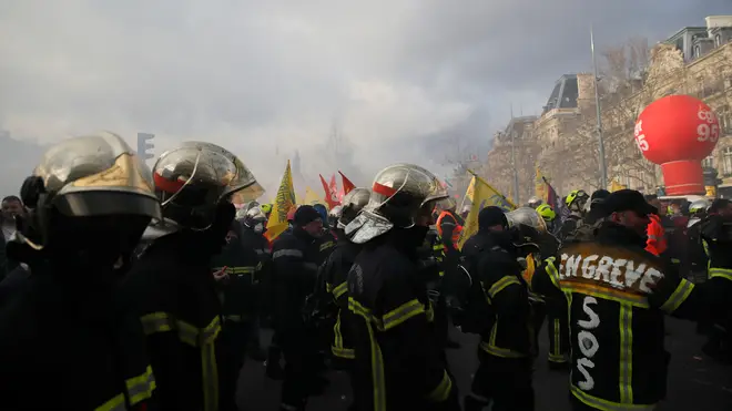 Firefighters clashed with riot police in Place de la Nation in Paris