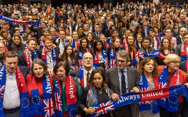 Some MEPs held up scarves labelled "Always United"