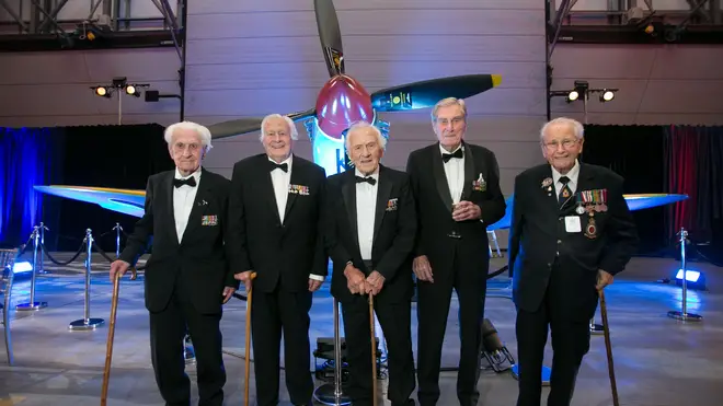 Battle of Britain veterans (left to right) Flying Officer Ken Wilkinson, pilot Geoffrey Wellum, Squadron Leader Tony Pickering, Wing Commander Paul Farnes and Spitfire fitter Sergeant Stan Hartill pictured in 2015